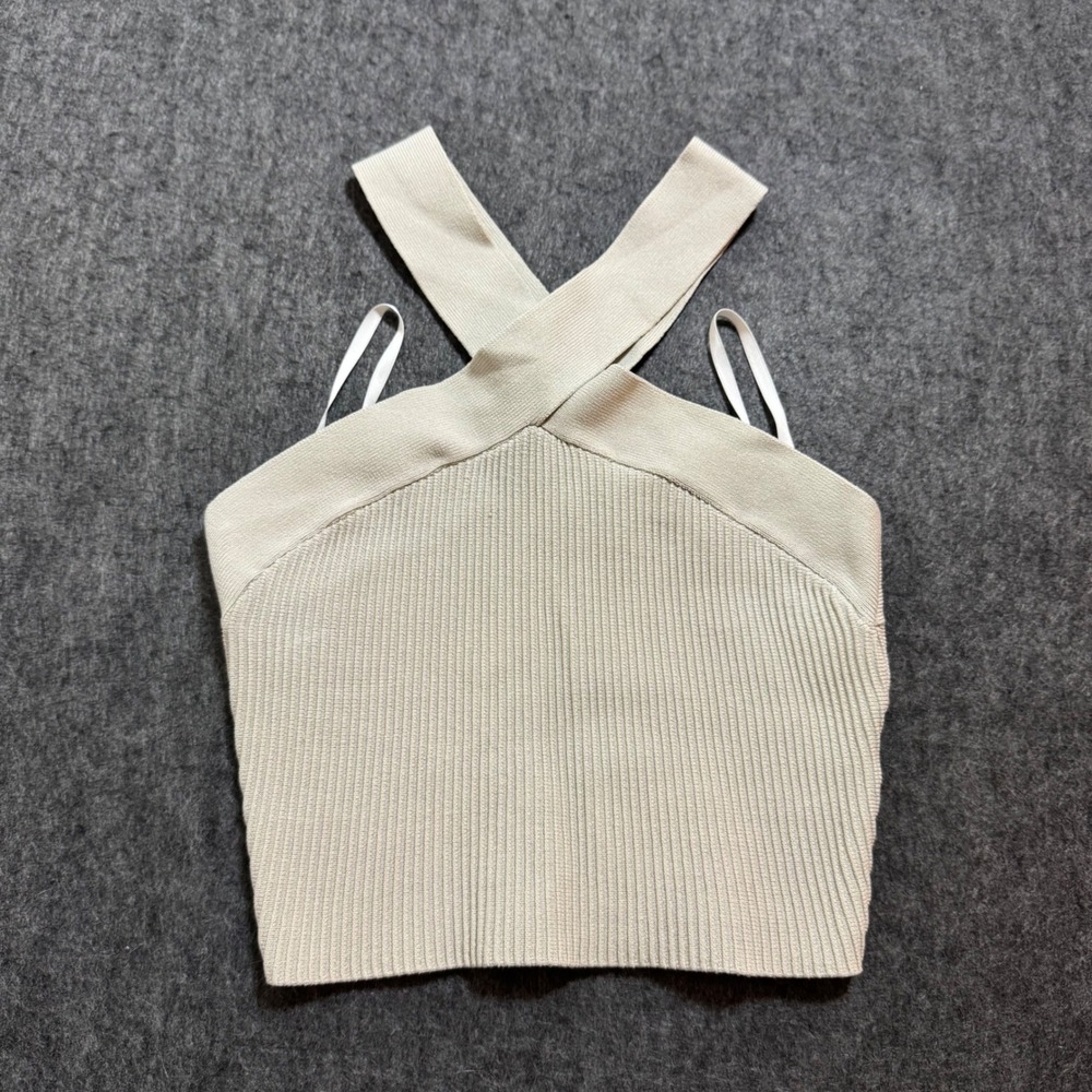 Babaton Sculpt Knit Criss Cross Tank Beige Ribbed Crop Top XS 77075